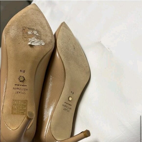 Stuart Weitzman Womens Patent Leather Point Toe Tan Heels - Picture 7 of 7